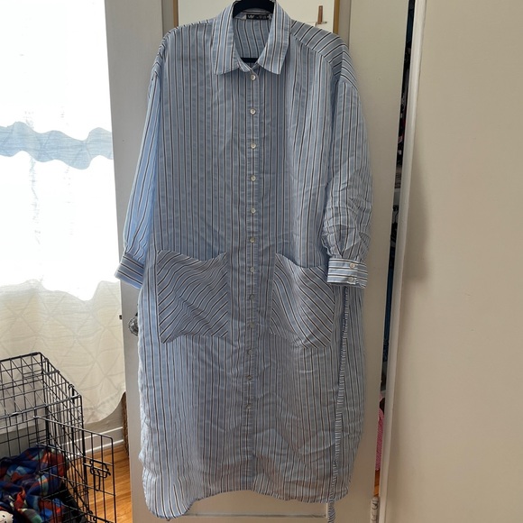 Zara Dresses & Skirts - Zara Striped Collared Shirt Dress with Tie Back